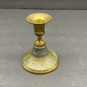 Vintage Tapered Brass Candle Holder With Enamel‎ Overlay Made India 4.5 H Floral